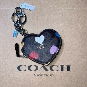 COACH Heart Bag Charm Coin Pouch & Keychain CP371 Multicolor Heart Print NWT